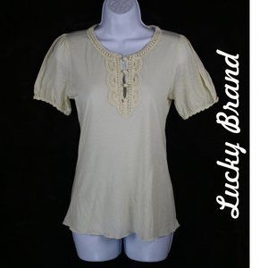 Lucky Brand Light Yellow Stretchy Top Embroidered